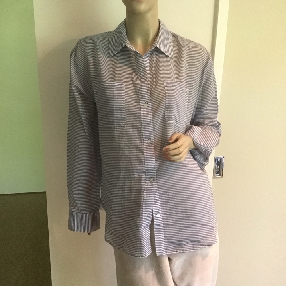 Elizabeth and James Blue White Striped‎ Sheer Cotton LS Button Down Shirt XS
